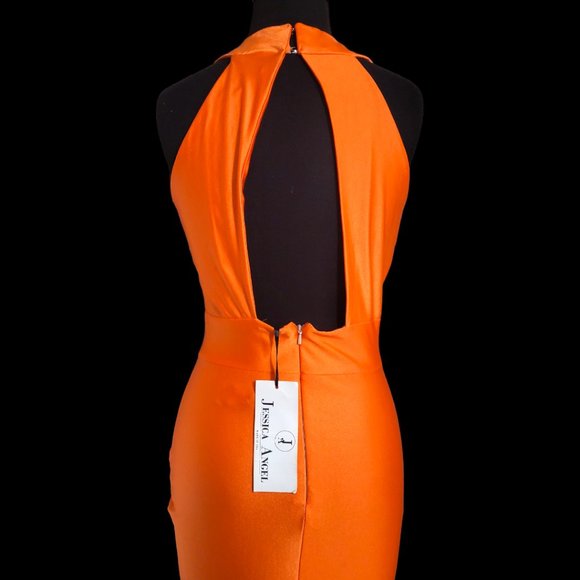 Jessica Angel Bright Orange Halter Satin Stretch Jersey Dress - Picture 9 of 10